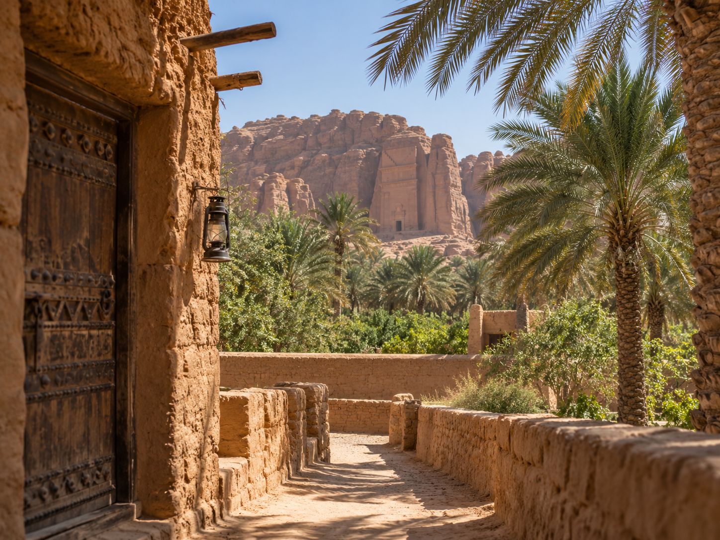 ممر بين جدران طينية ونخيل في الواحة
