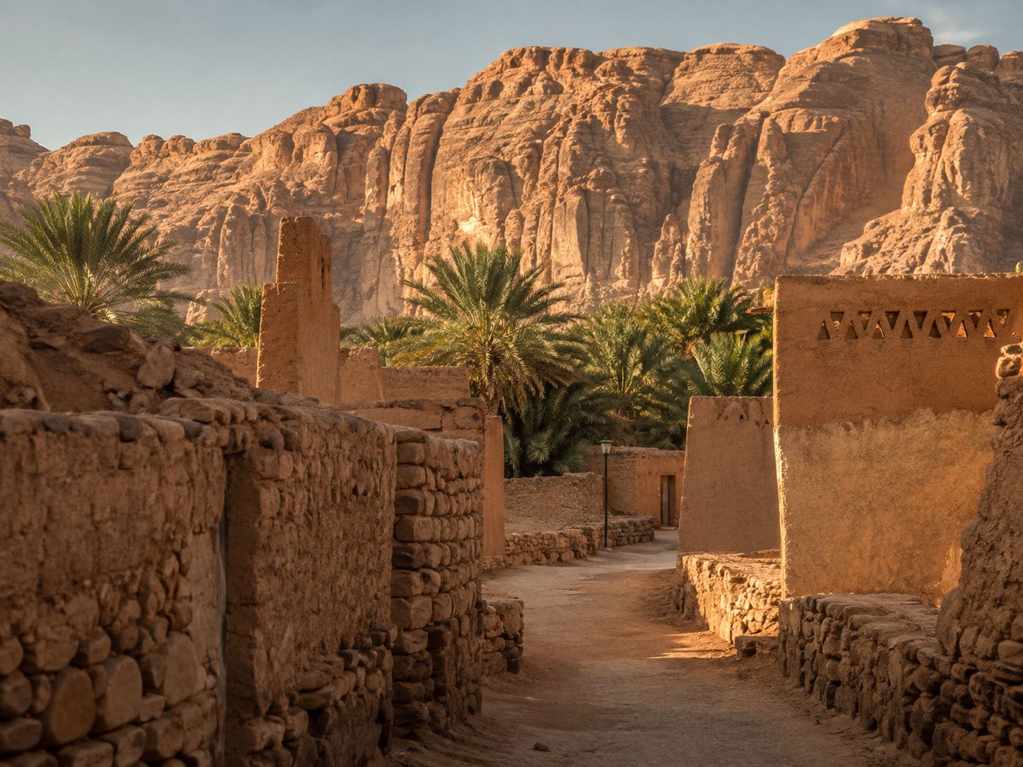 مبانٍ طينية تاريخية بين نخيل الواحة وقطع زراعية في العلا